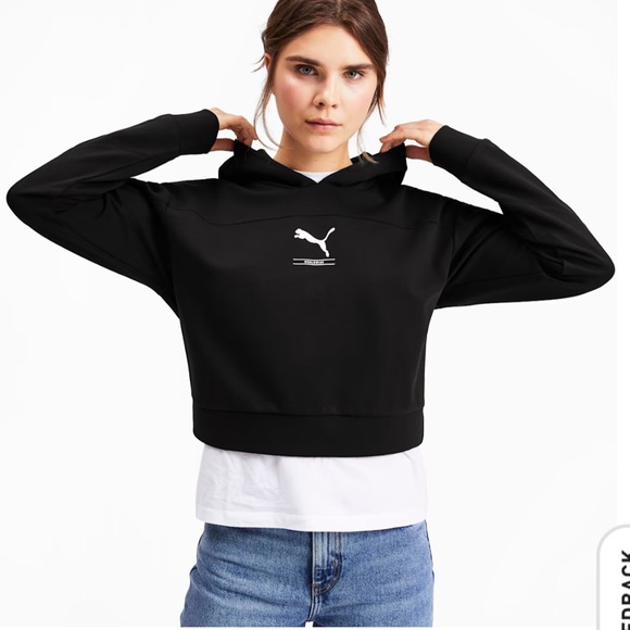 Puma hoodie black cropped logo athlesiure - Picture 1 of 10